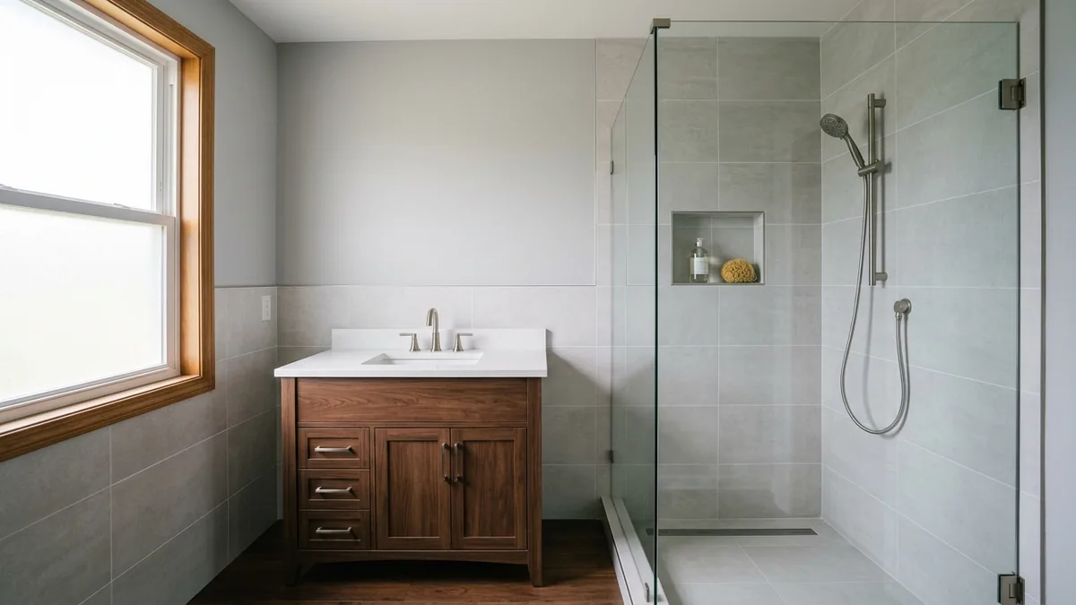 A finished walk-in shower with large gray porcelain tile, a frameless glass panel, a wall niche and a handheld shower head