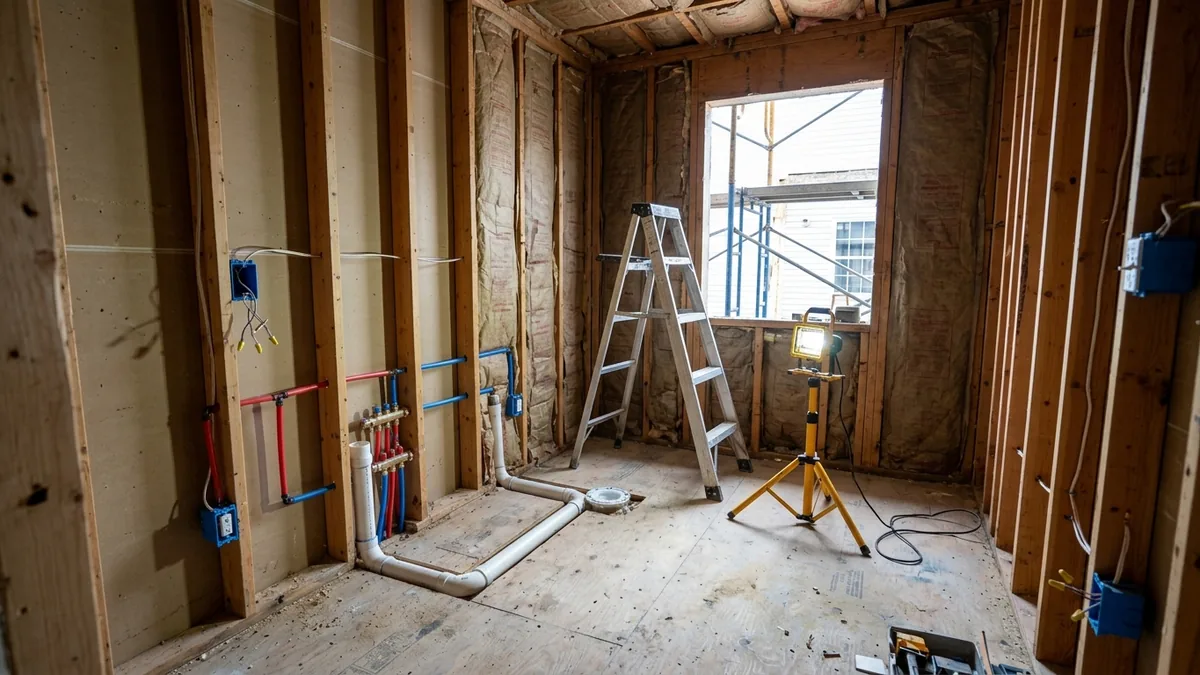 A bathroom at the rough-in stage: open stud walls, new red and blue water lines, a white drain pipe, electrical boxes, a ladder and a work light