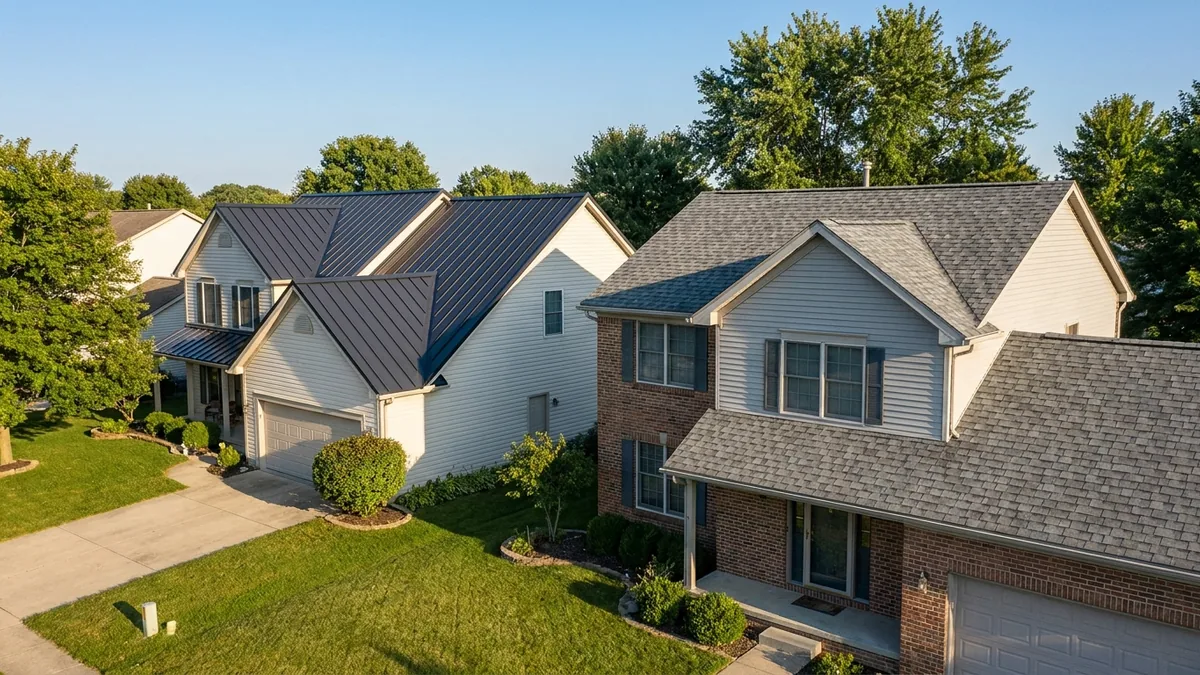 Two neighboring suburban houses on a sunny afternoon, the left one with a dark standing-seam metal roof and the right one with a gray asphalt shingle roof