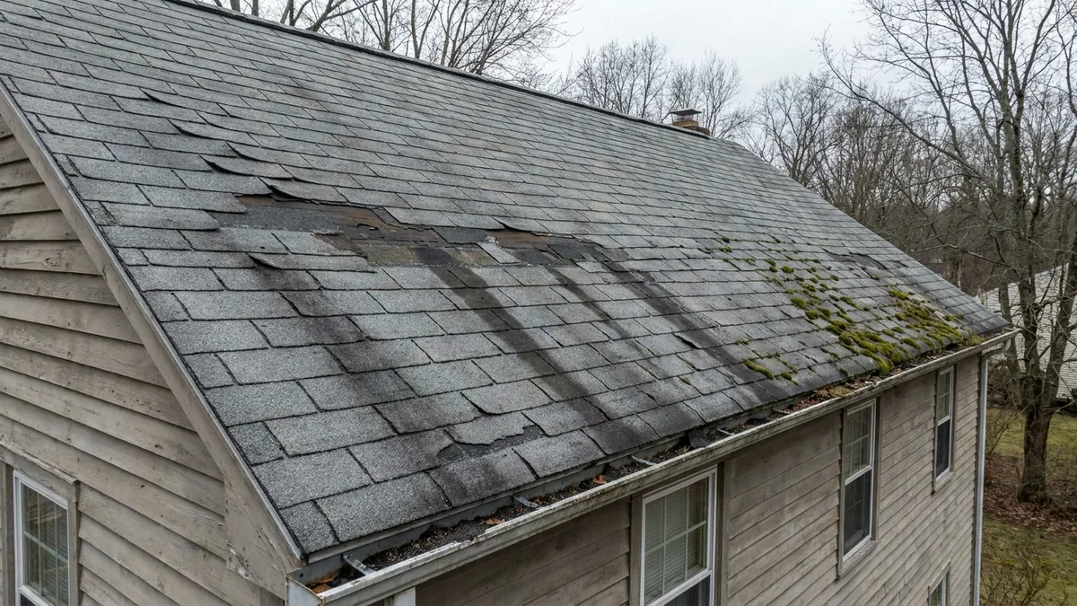 An aging asphalt shingle roof with curled and missing shingles, dark streaks, patches of green moss and debris collecting in the gutter